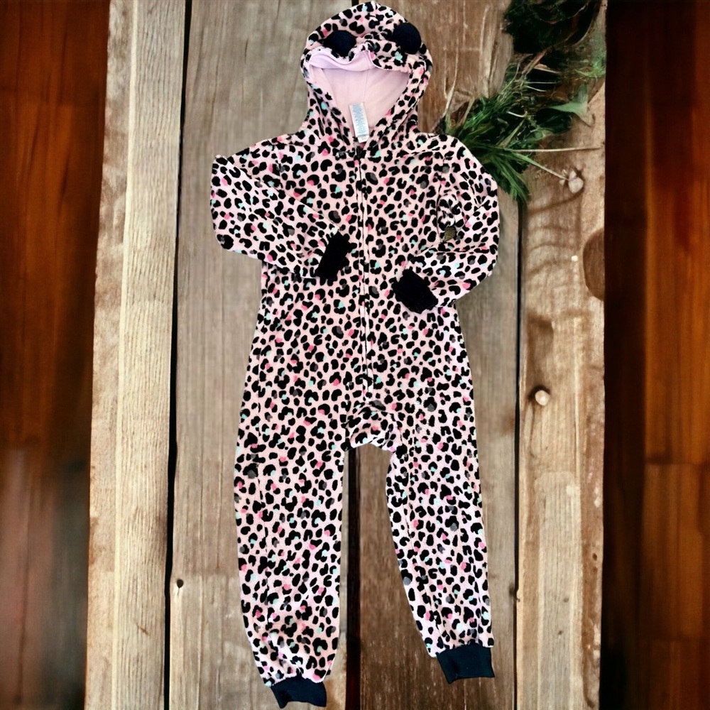 Girls PLACE Size 5/6 Pink Animal Print Onesie Fleece Zipper Pajama Costume